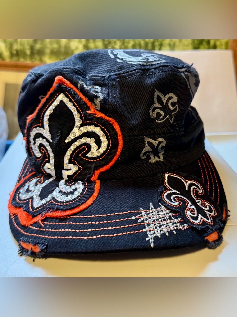Rainbow Black Military-Style Cap with Orange Embroidery & Rhinestones